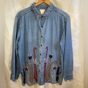 Cat Embroidered Denim Blue Jean Long Sleeve Button Down Blouse Shirt Top